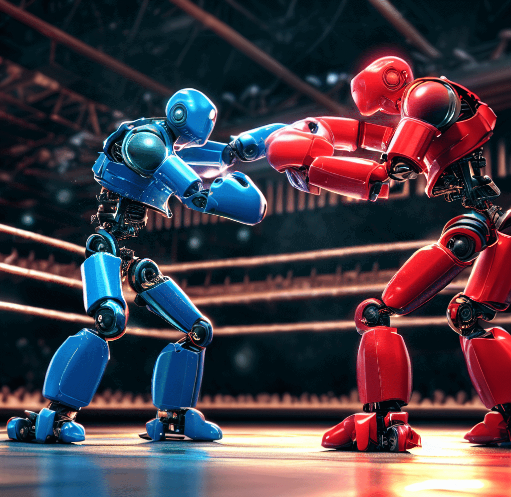 two robots battling in a boxing area, one is blue and one is red, photorealistic 4k picture taken from outside and slightly above the ring