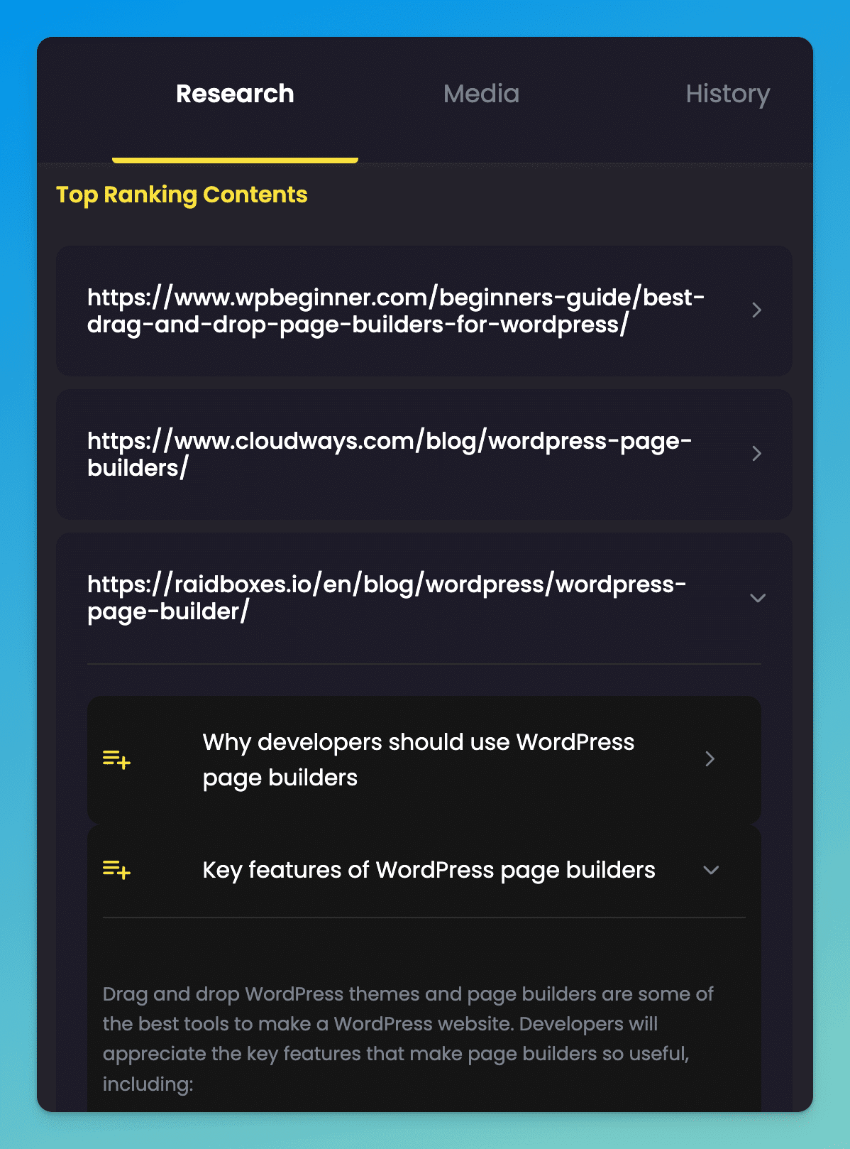 Content at Scale research tab showing top ranking content for the keyword you enter, this is what gets moved into the blog that gets written