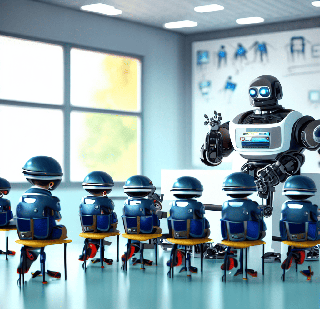 a police robot teaching a class of small robots sitting in their desks in a classroom, 4k digital art