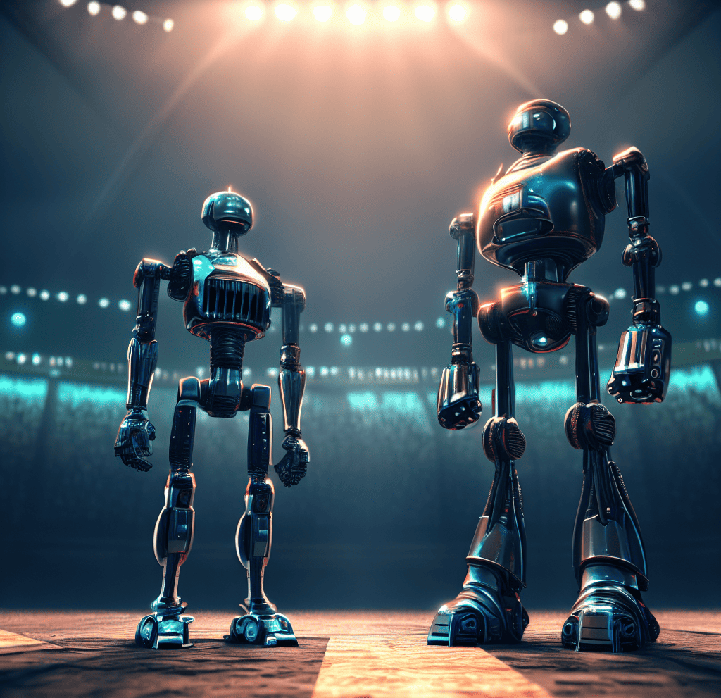 two robots, one is taller than the other, standing side by side in a boxing arena, digital art 4k