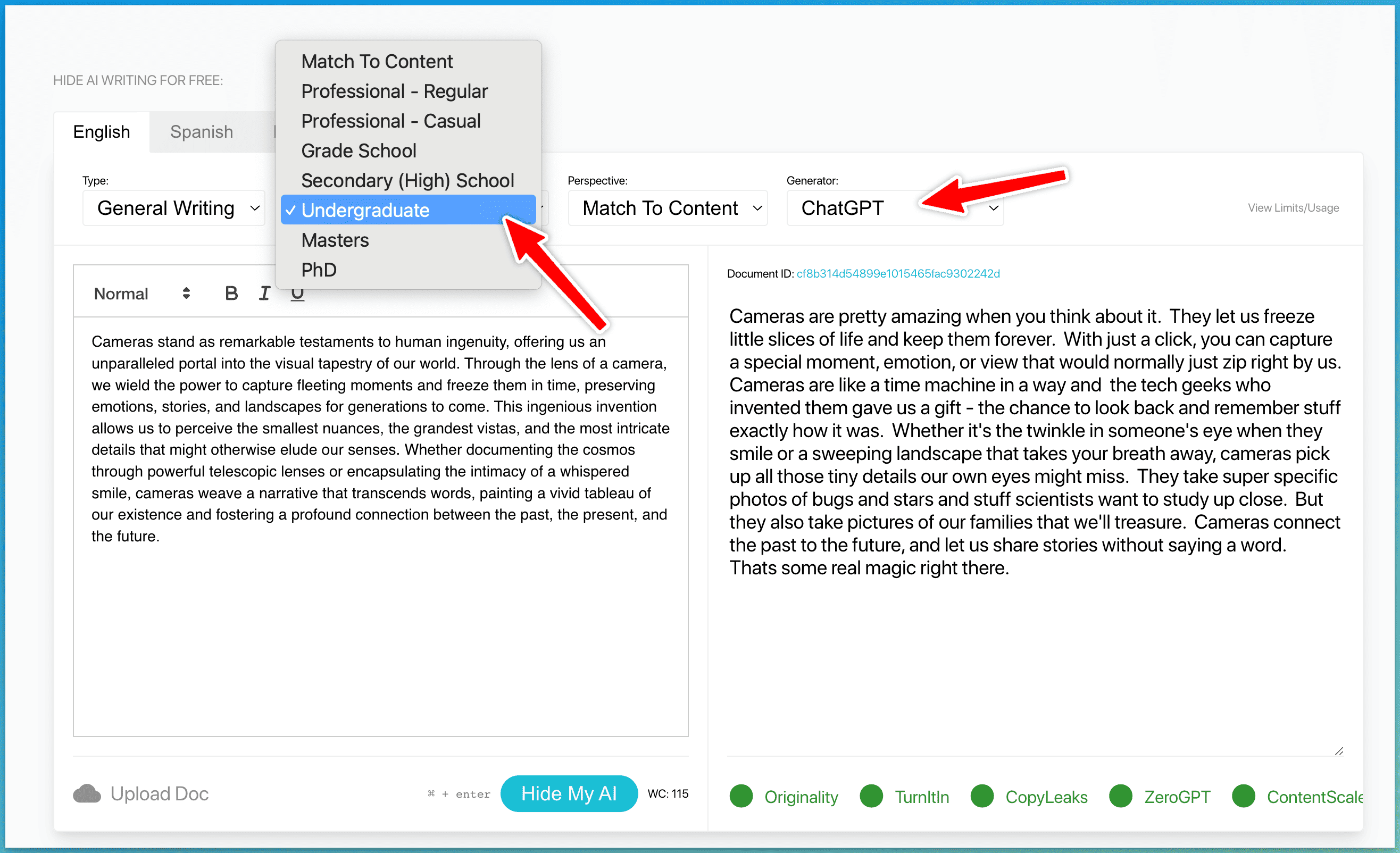 hidemyai example of turning ChatGPT into undetectable AI writing at an undergraduate level