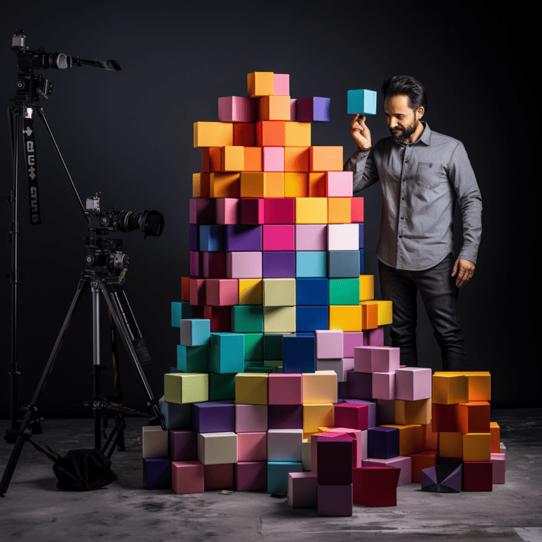 a photohoot taken in a photo studio of a photographer taking pictures of a bunch of square blocks of different colors. image from the side showing the photographer and the block models