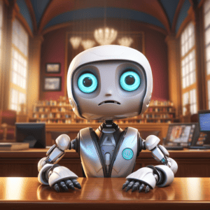 A cute robot in a courtroom, made with Midjourney