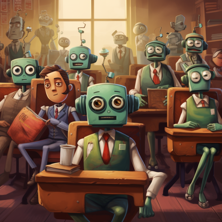 A bunch of worried robots sitting in classroom seats after an exam, made with Midjourney