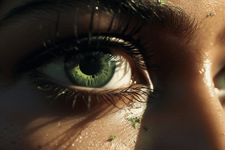A close up of an avatar-esque humans right side of the face and eye in green space looking background made with Midjourney