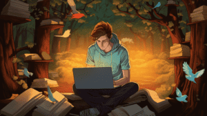 a blogger checking his twitter feed, generated with Midjourney