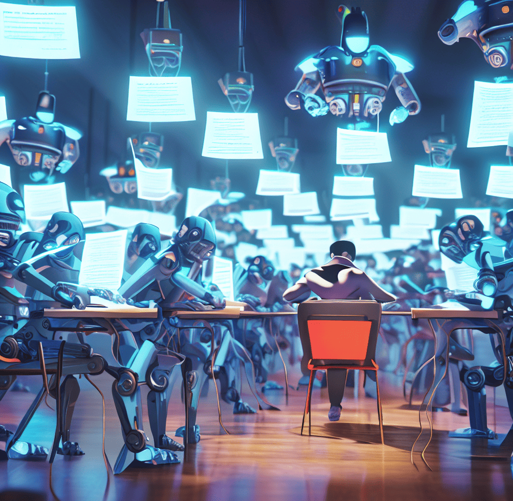 a student cheating on an exam in a room full of robots, digital art in 4k