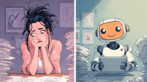 A stressed job seeker vs. a relaxed robot, generated with Midjourney