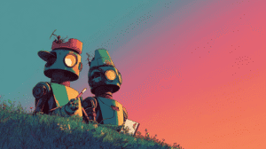 Two robots painting the sunrise, generated with Midjourney