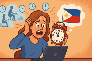 A woman struggling to manage her Filipino VA team, generated with GPT-4o