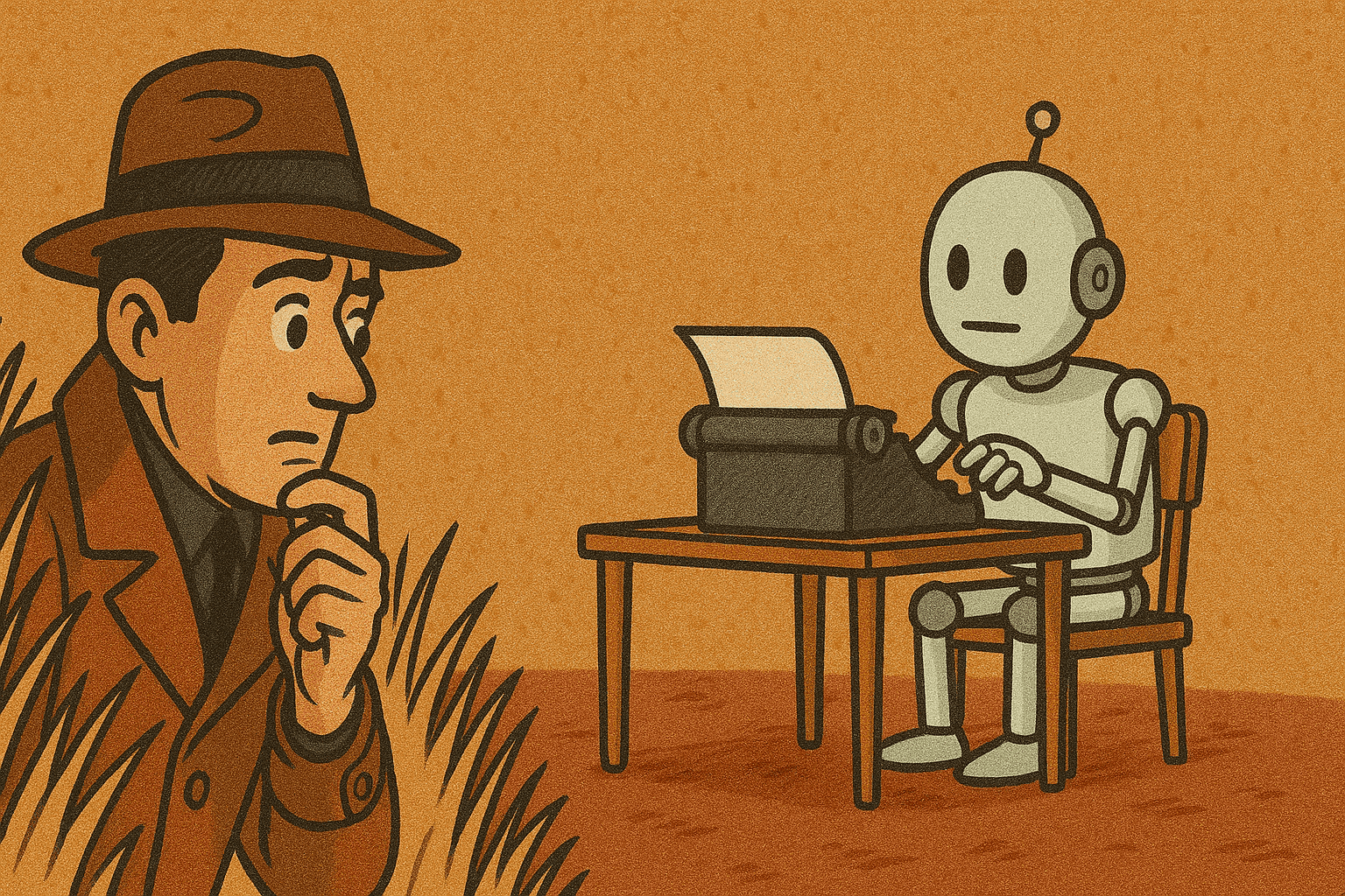 A detective trying to track a robot pretending to be a human writer, generated with ChatGPT