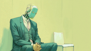A robot pretending to be a person, generated with Midjourney