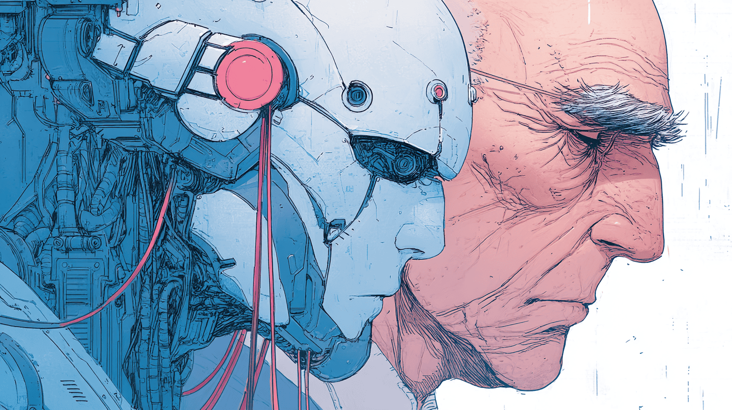 A robot and the human he’s trying to copy, generated with Midjourney