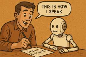 A human teaching a robot how to speak like him, generated with ChatGPT