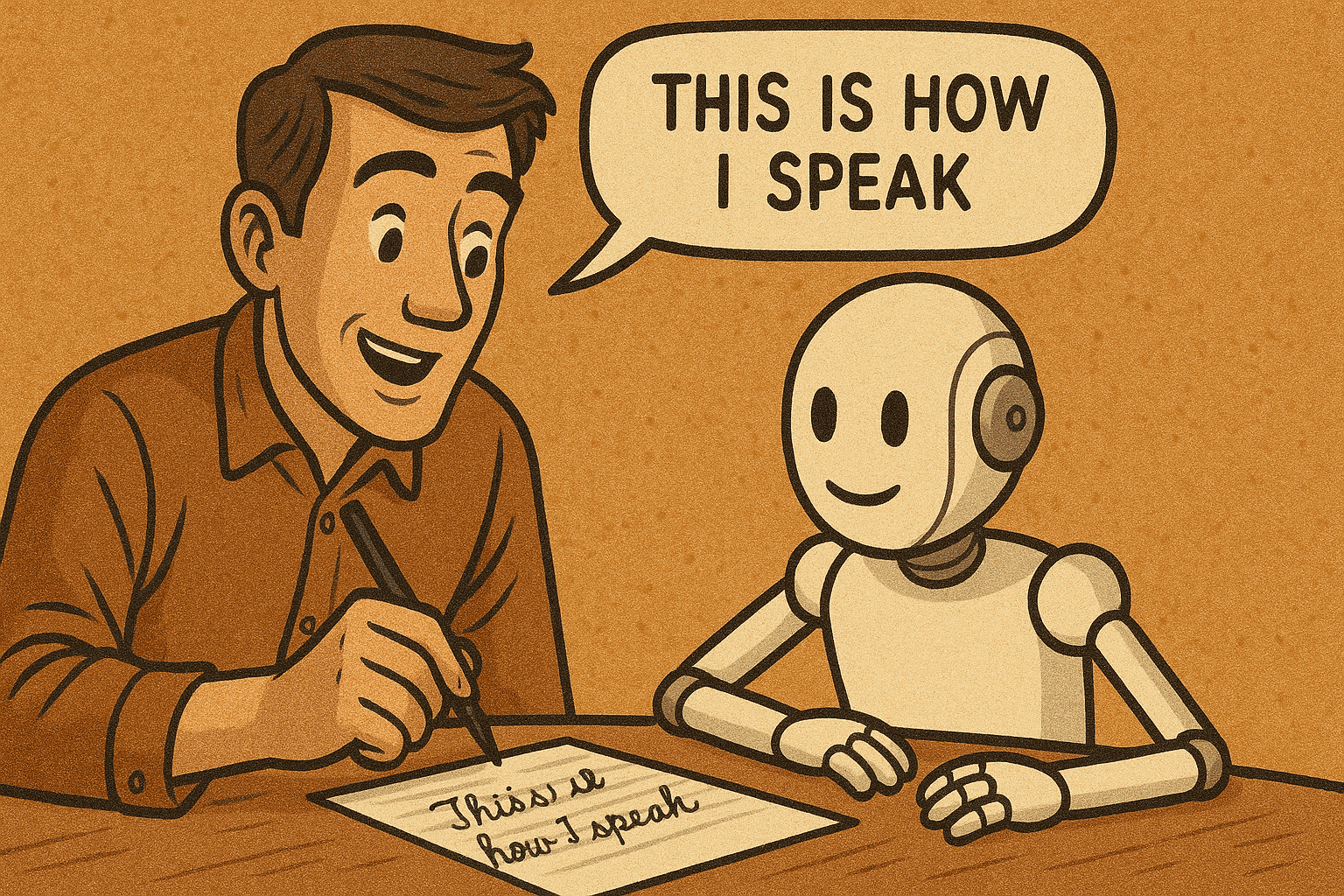A human teaching a robot how to speak like him, generated with ChatGPT