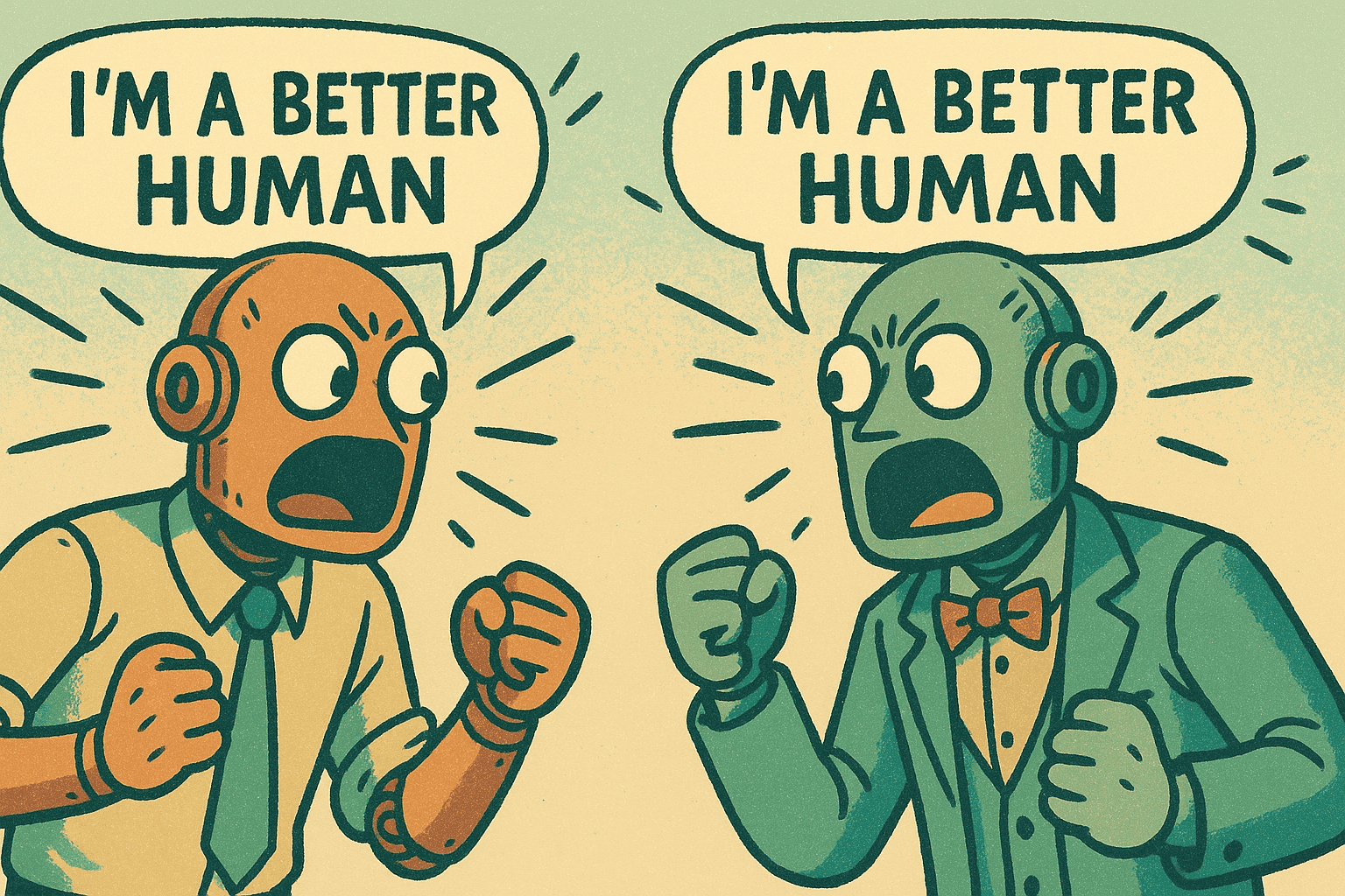 Two AI robots trying to become human, generated with ChatGPT