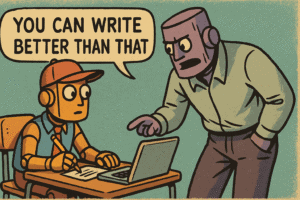 An AI teacher telling his student to write better, generated with ChatGPT