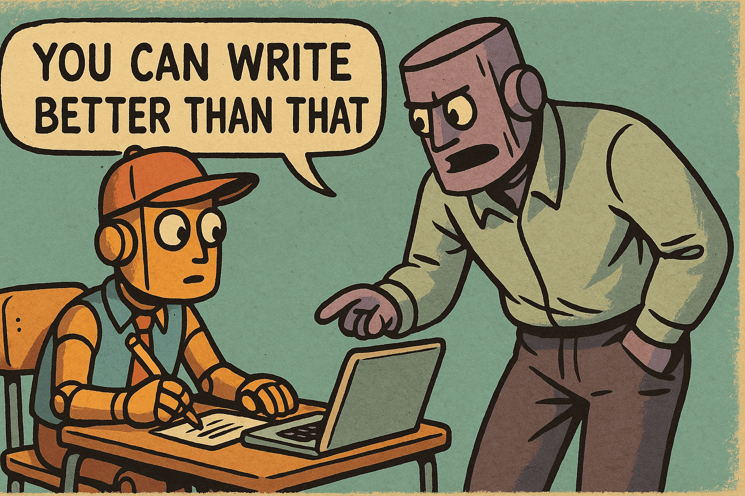 An AI teacher telling his student to write better, generated with ChatGPT