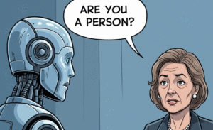 A robot getting asked about their authenticity during a job interview, generated with ChatGPT