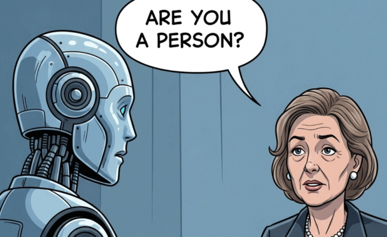 A robot getting asked about their authenticity during a job interview, generated with ChatGPT