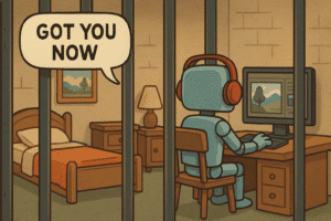 A robot getting caught creating deepfake, generated with GPT-4o