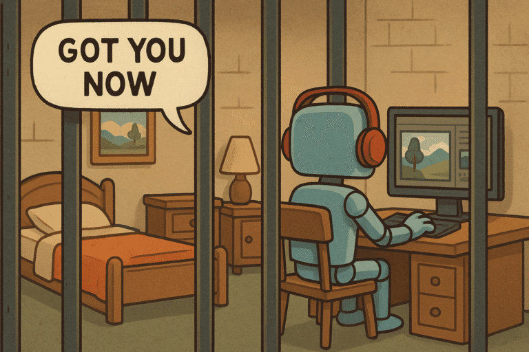 A robot getting caught creating deepfake, generated with GPT-4o