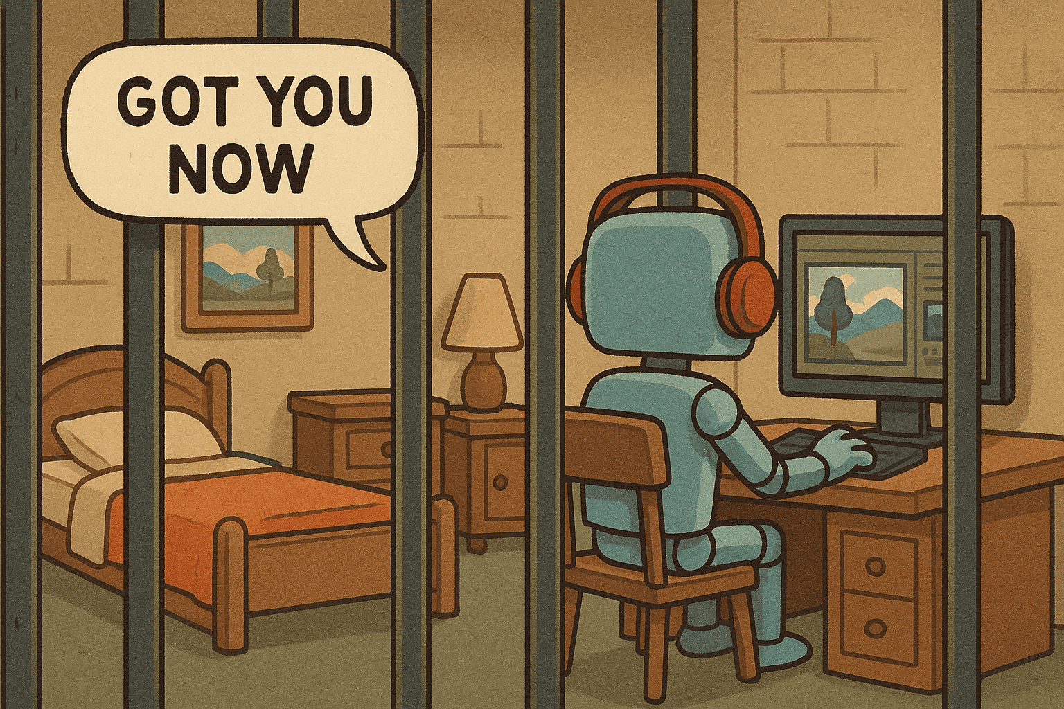 A robot getting caught creating deepfake, generated with GPT-4o
