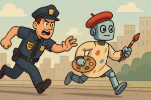 A policeman chasing after a robot painter, generated with GPT-4