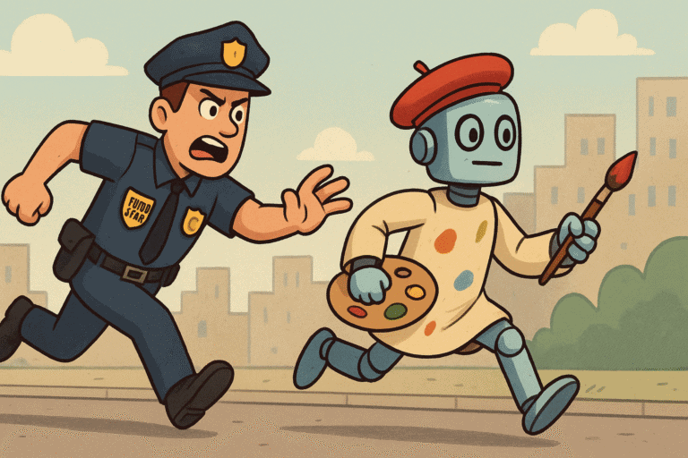 A policeman chasing after a robot painter, generated with GPT-4