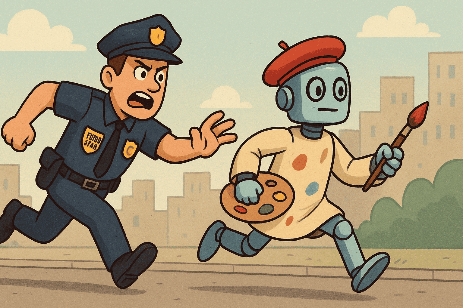 A policeman chasing after a robot painter, generated with GPT-4