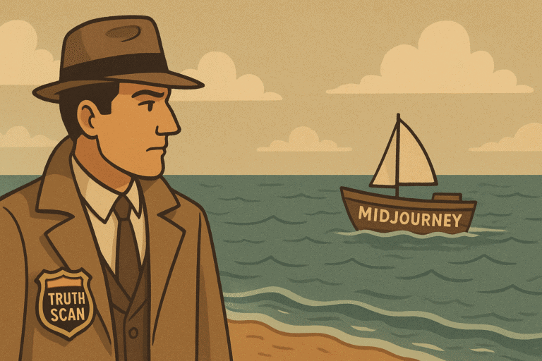 TruthScan detective catching a mid-journey boat, generated with GPT-4