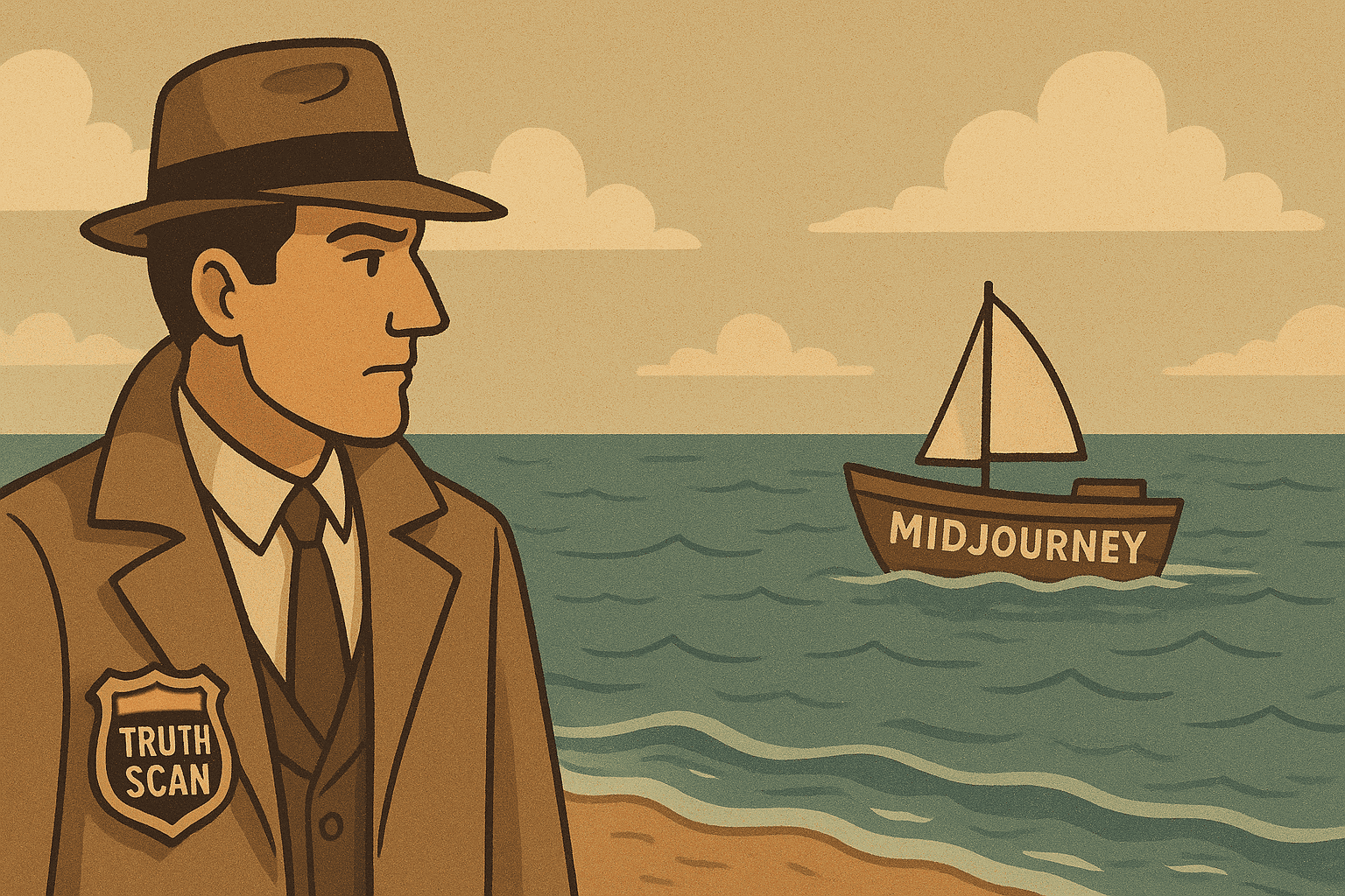 TruthScan detective catching a mid-journey boat, generated with GPT-4