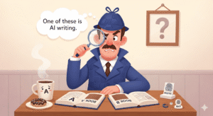 A detective trying to figure out which book is AI-generated, generated by Gemini
