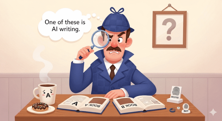A detective trying to figure out which book is AI-generated, generated by Gemini
