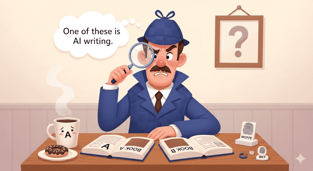 A detective trying to figure out which book is AI-generated, generated by Gemini